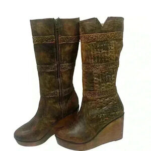 Bed Stu Cordoba Women Brown Woven Distressed Leather Wedge Knee High Boots 9.5 B
